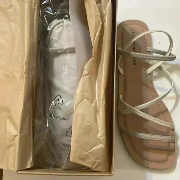 Lucky Brand sandal womens strappy LK Bizell elastic feather grey shoe SZ 11M - Picture 2 of 7